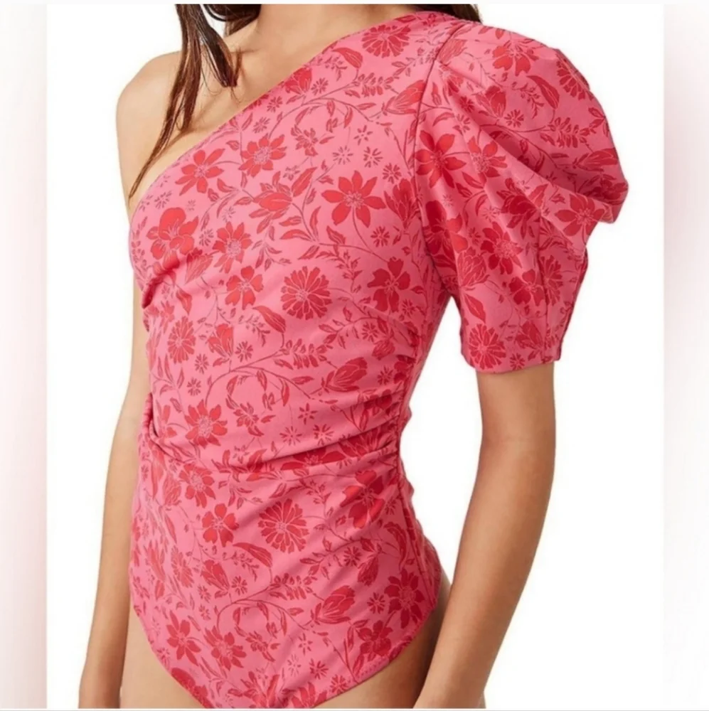 Free People Pink Floral Thong Bodysuit Sz S Ruched on Both Sides - Picture 1 of 11